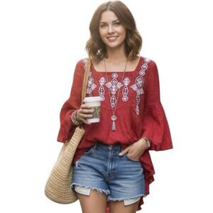 Free People Shirt Womens XS Red Boho Embroidered Bell Sleeve Tunic High Low